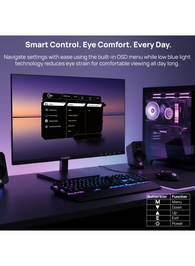 هاو شاشة ألعاب HAW F24IPY مقاس 24 بوصة، FHD 1920×1080 بتقنية IPS، معدل تحديث 180 هرتز، زمن استجابة 0.5 مللي ثانية MPRT، تدعم HDMI 2.1، متوافقة مع FreeSync وG-Sync، مكبرات صوت مدمجة، شاشة مسطحة، مناسبة للكمبيوتر وأجهزة الألعاب – أسود - Image 5
